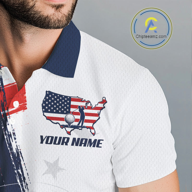 Close-up of American flag 4th July graphic on mens white golf polo shirt with custom name on the chest