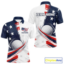 Load image into Gallery viewer, Front view of personalized white golf polo men shirt with American flag 4th July with personalized name