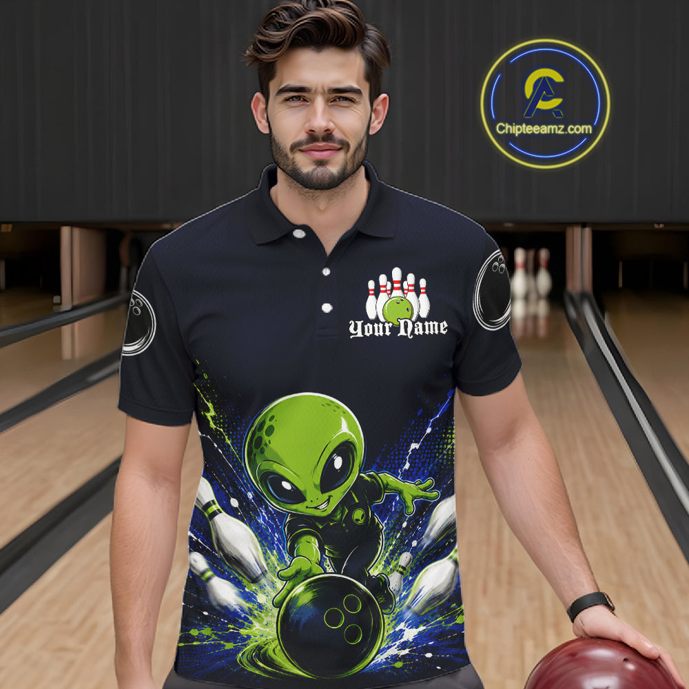 Funny Blue Alien Bowling Polo & 1/4 Zip Shirt For Men Custom Bowling Team Outfit, Gift For Bowler NBT970