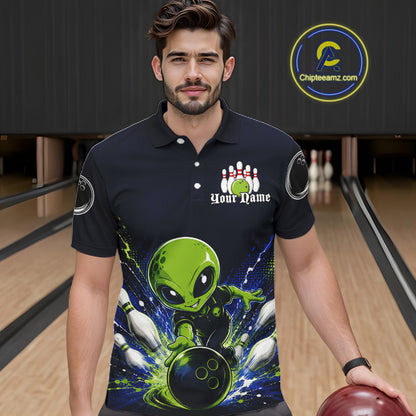 Funny Blue Alien Bowling Polo & 1/4 Zip Shirt For Men Custom Bowling Team Outfit, Gift For Bowler NBT970