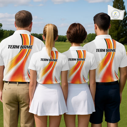 Four people wearing matching golf outfits with 'Team Name' on the back