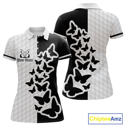 Black And White Butterfly Womens Golf Polo Shirt Custom Name White Golf Shirts, Golf Attire NBT595