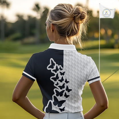 Black And White Butterfly Womens Golf Polo Shirt Custom Name White Golf Shirts, Golf Attire NBT595