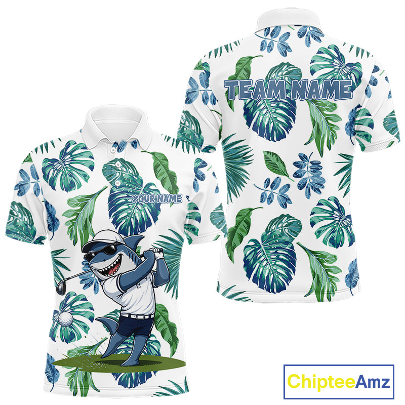 Funny Mens Golf Polo Shirt Tropical Pattern Custom Name Shark Playing Golf Shirt Funny Golf Apparel NBT715