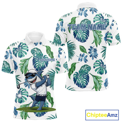 Funny Mens Golf Polo Shirt Tropical Pattern Custom Name Shark Playing Golf Shirt Funny Golf Apparel NBT715