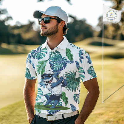 Funny Mens Golf Polo Shirt Tropical Pattern Custom Name Shark Playing Golf Shirt Funny Golf Apparel NBT715