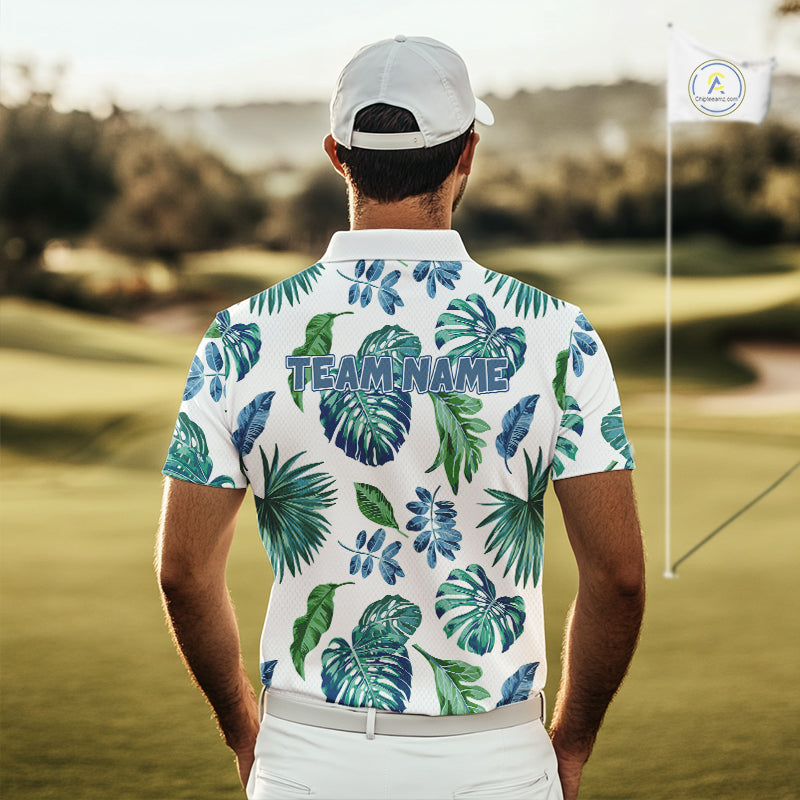Funny Mens Golf Polo Shirt Tropical Pattern Custom Name Shark Playing Golf Shirt Funny Golf Apparel NBT715