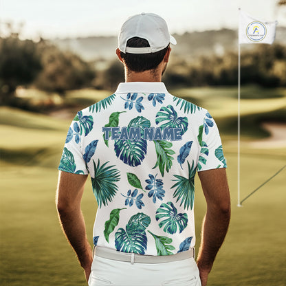 Funny Mens Golf Polo Shirt Tropical Pattern Custom Name Shark Playing Golf Shirt Funny Golf Apparel NBT715