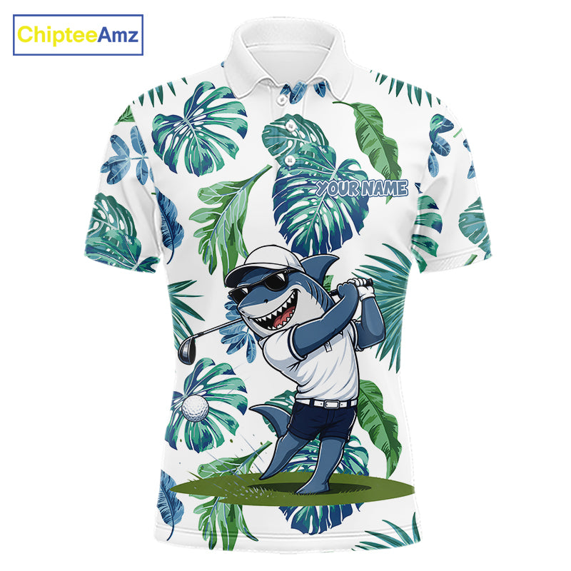 Funny Mens Golf Polo Shirt Tropical Pattern Custom Name Shark Playing Golf Shirt Funny Golf Apparel NBT715