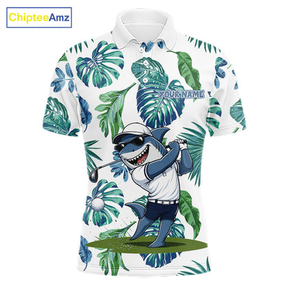 Funny Mens Golf Polo Shirt Tropical Pattern Custom Name Shark Playing Golf Shirt Funny Golf Apparel NBT715