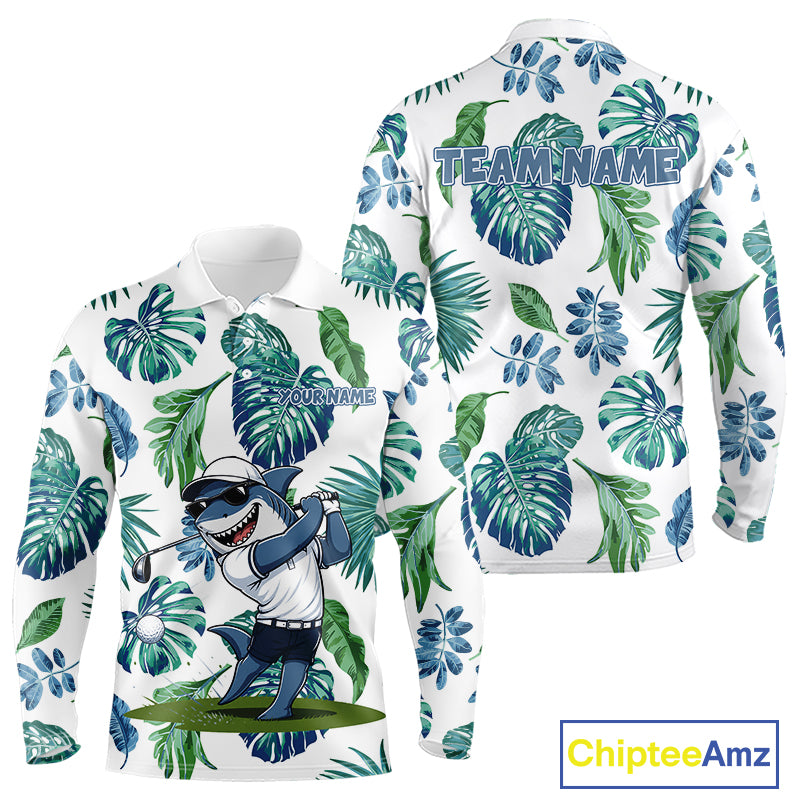 Funny Mens Golf Polo Shirt Tropical Pattern Custom Name Shark Playing Golf Shirt Funny Golf Apparel NBT715