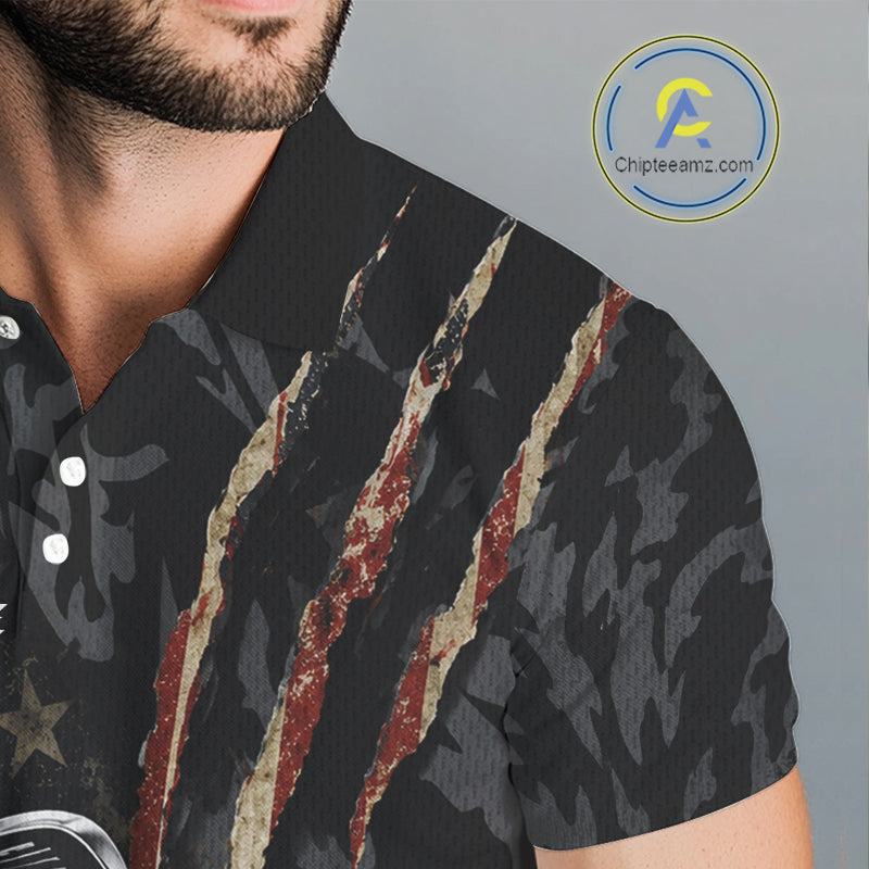 American Flag Golf Clubs Camo Mens Polo Shirt Detail View Patriotic Design