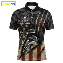 Load image into Gallery viewer, American Flag Golf Clubs Camo Mens Polo Shirt Front View Custom Name