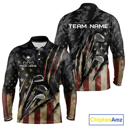 American Flag Golf Clubs Camo Mens Polo Shirt Front and Back View Custom Name