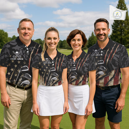 Team wearing American Flag Golf Clubs Camo Mens Polo Shirt Custom Team Name Golf Group