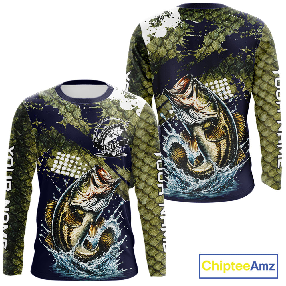 Custom Bass Fishing Green Bass Scales Fishing Shirts For Men, Bass Fishing Shirts NBT470