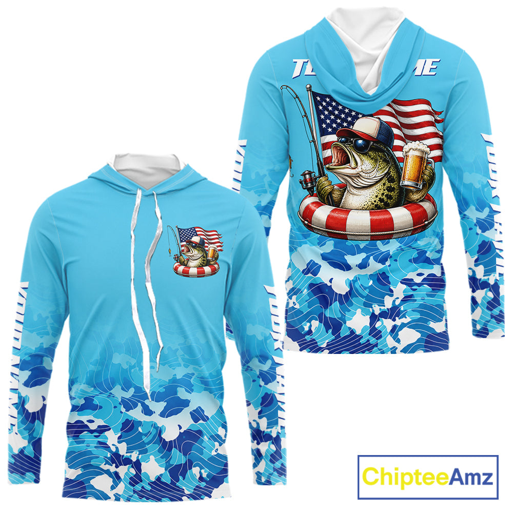 Blue Camouflage Bass Fishing American Flag Fishing Shirts Long Sleeve, Custom Patriotic Bass Shirt NBT977