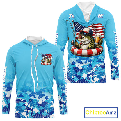 Blue Camouflage Bass Fishing American Flag Fishing Shirts Long Sleeve, Custom Patriotic Bass Shirt NBT977