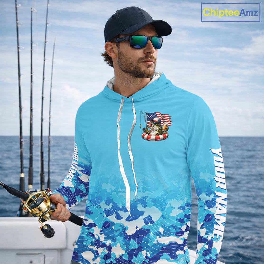 Blue Camouflage Bass Fishing American Flag Fishing Shirts Long Sleeve, Custom Patriotic Bass Shirt NBT977