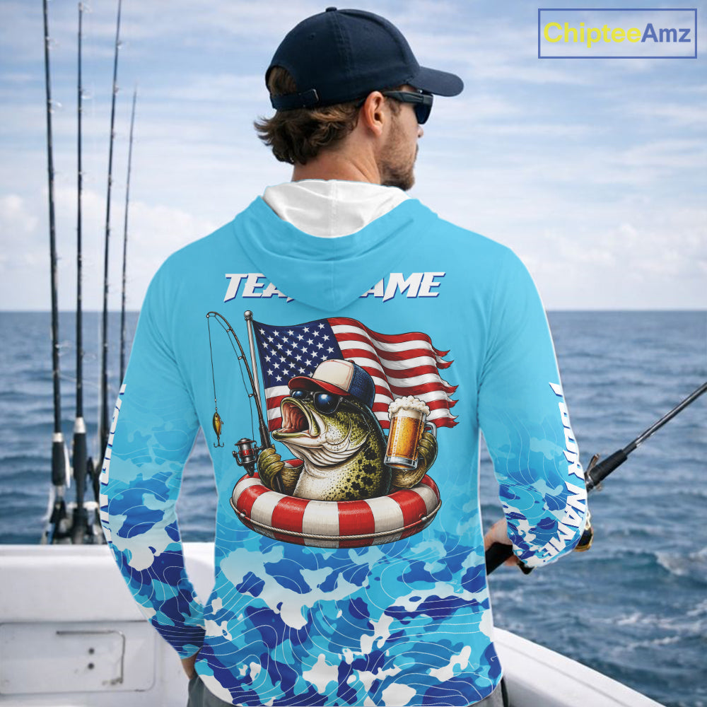 Blue Camouflage Bass Fishing American Flag Fishing Shirts Long Sleeve, Custom Patriotic Bass Shirt NBT977
