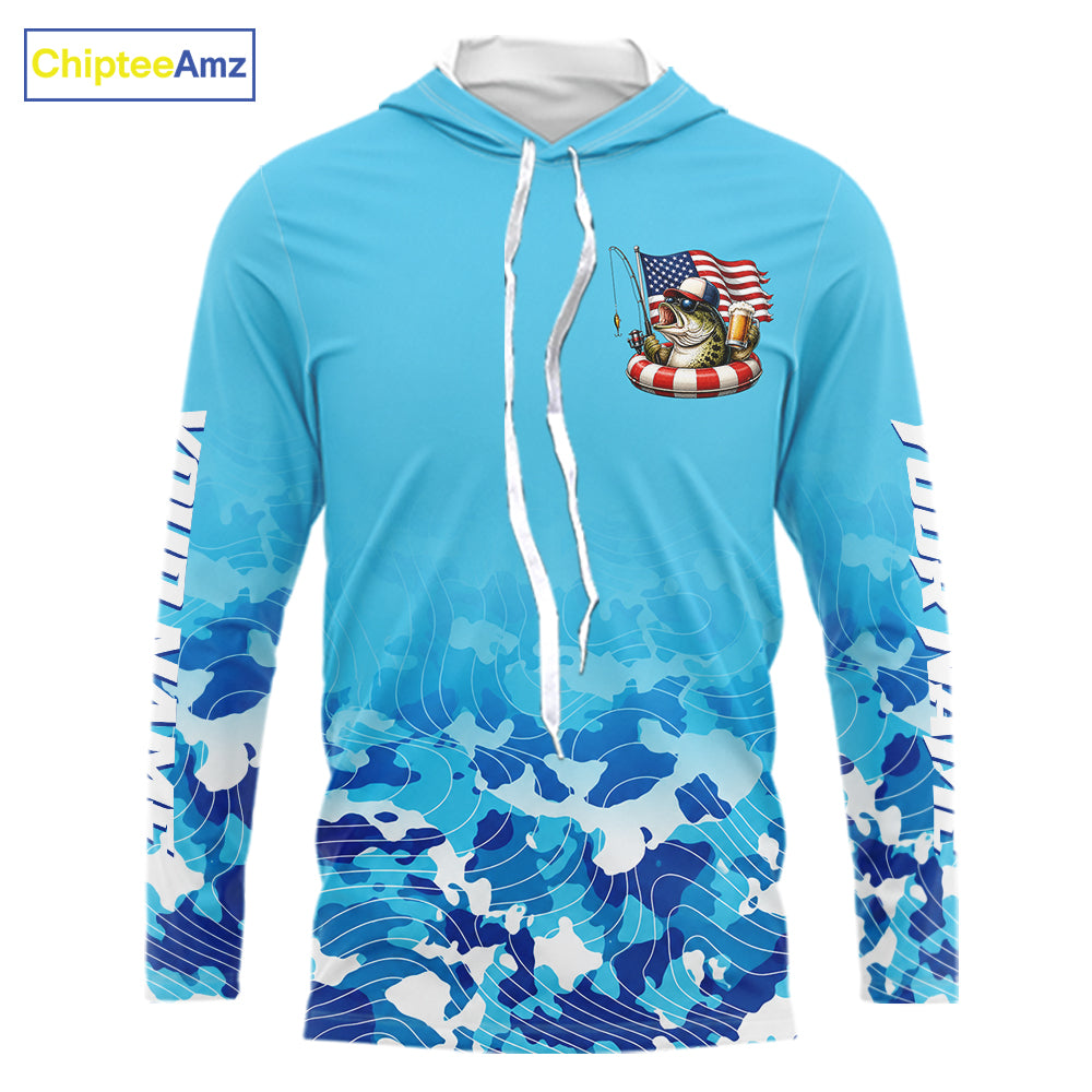 Blue Camouflage Bass Fishing American Flag Fishing Shirts Long Sleeve, Custom Patriotic Bass Shirt NBT977