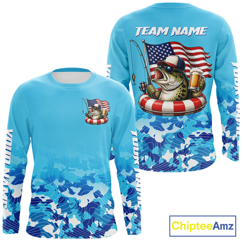 Blue Camouflage Bass Fishing American Flag Fishing Shirts Long Sleeve, Custom Patriotic Bass Shirt NBT977