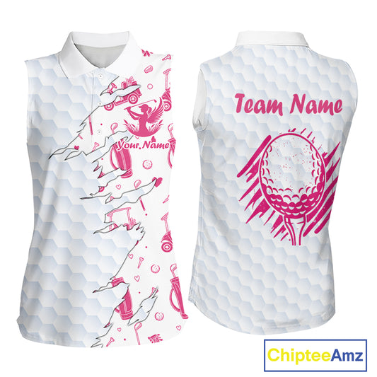 Women Sleeveless Golf Polo Shirt Custom Name Funny Golf Bag Cart Pattern Shirt, Golf Gifts For Ladies NBT825