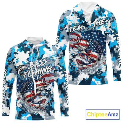 Blue Camouflage Bass Fishing American Flag  Long Sleeve Hooded Fishing Shirts, Custom Bass Fishing Shirt NBT978