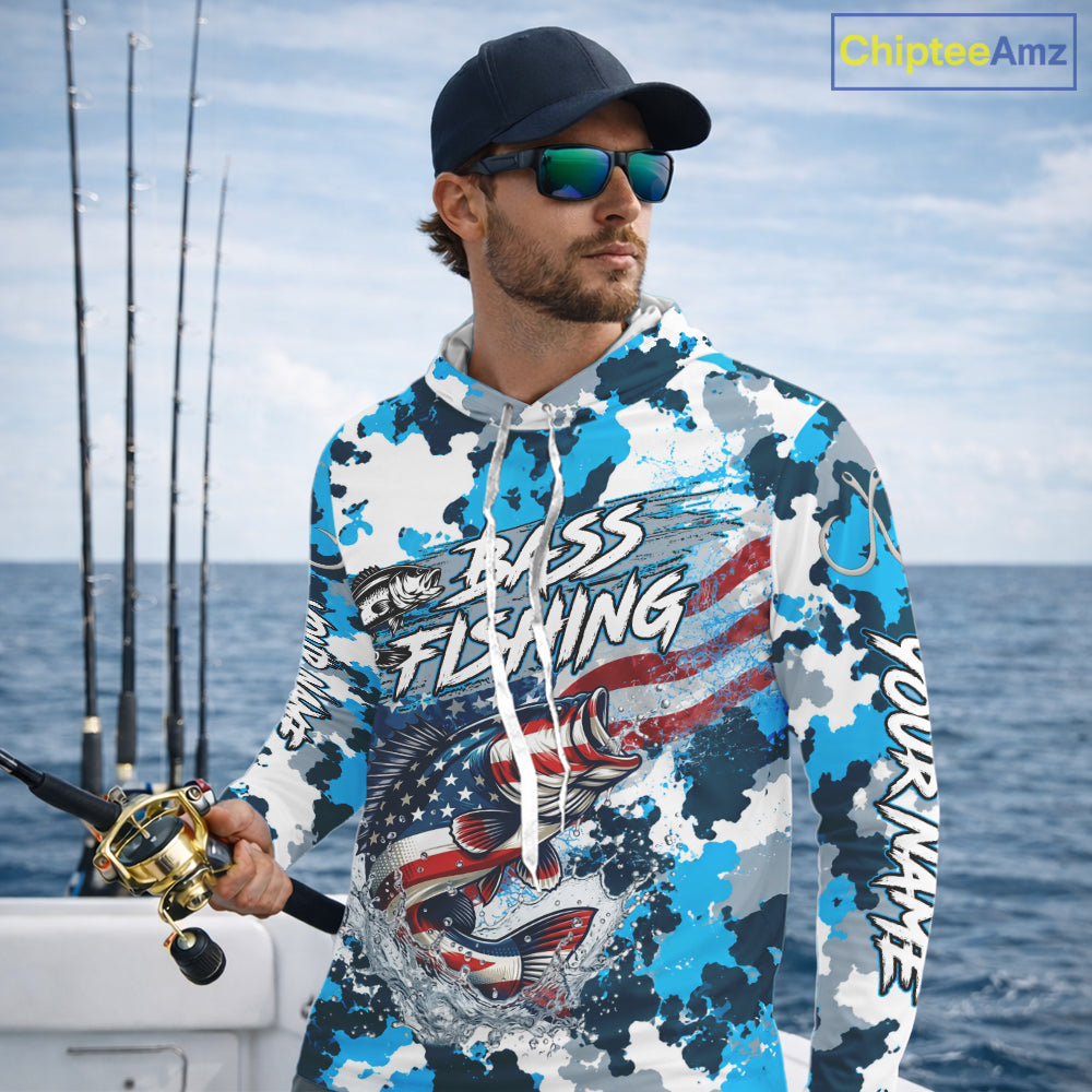 Blue Camouflage Bass Fishing American Flag  Long Sleeve Hooded Fishing Shirts, Custom Bass Fishing Shirt NBT978