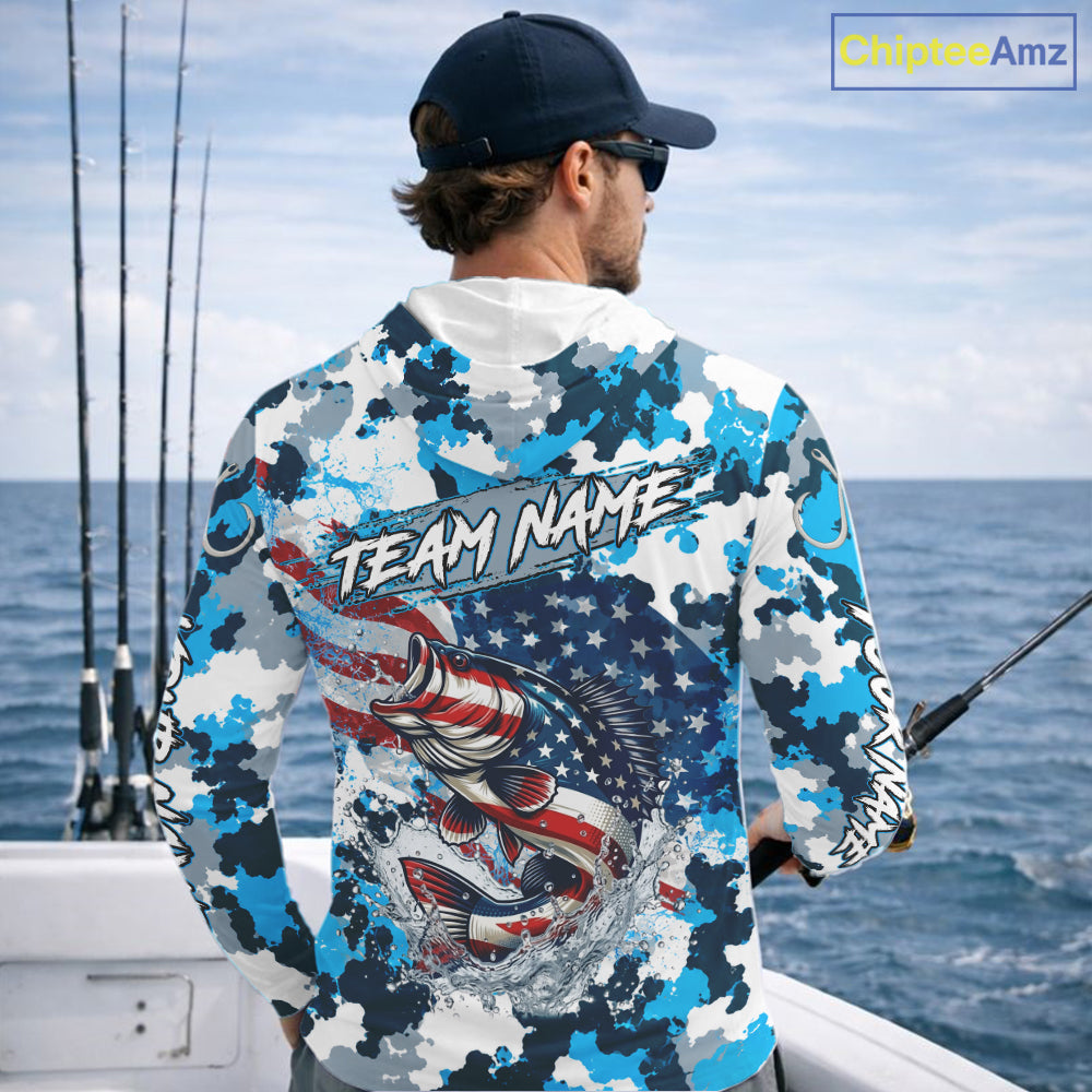 Blue Camouflage Bass Fishing American Flag  Long Sleeve Hooded Fishing Shirts, Custom Bass Fishing Shirt NBT978