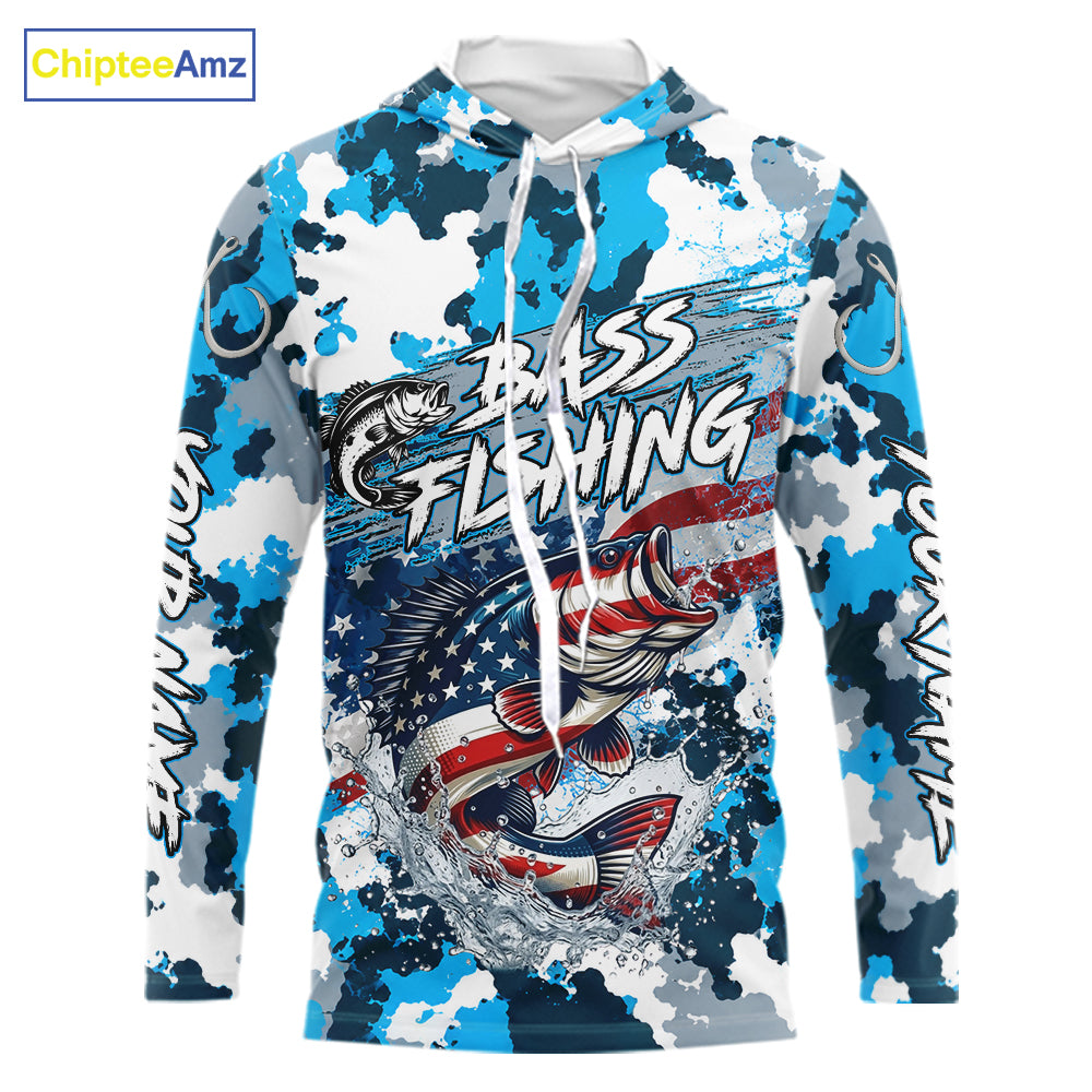 Blue Camouflage Bass Fishing American Flag  Long Sleeve Hooded Fishing Shirts, Custom Bass Fishing Shirt NBT978