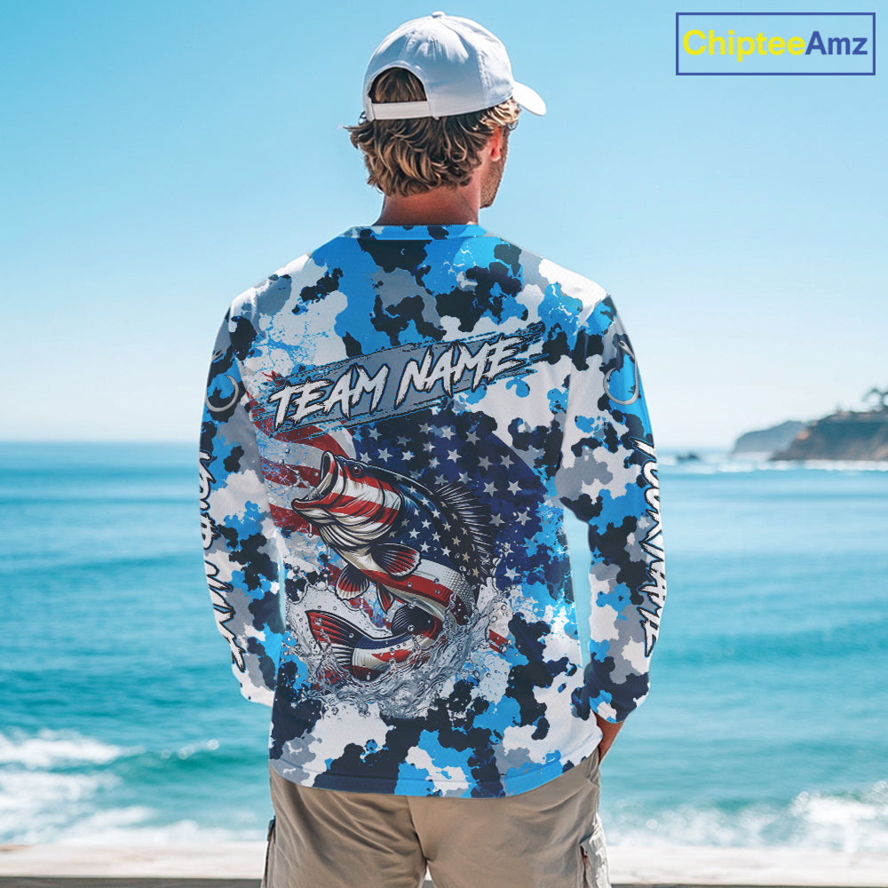 Blue Camouflage Bass Fishing American Flag Fishing Shirt Long Sleeve, Custom Bass Fishing Shirt NBT978