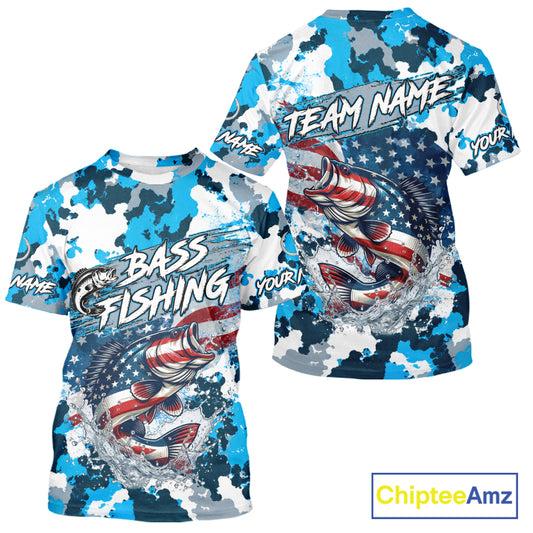 Blue Camouflage American Flag Bass Fishing Fishing T-Shirt, Custom Bass Fishing Shirt NBT978