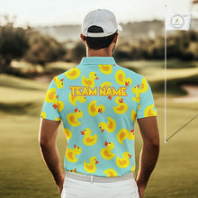 Load image into Gallery viewer, Man wearing Funny Rubber Duck Golf Shirt on golf course, cute yellow rubber duck print design, tailored fit breathable polyester, custom team golf shirt white collar 