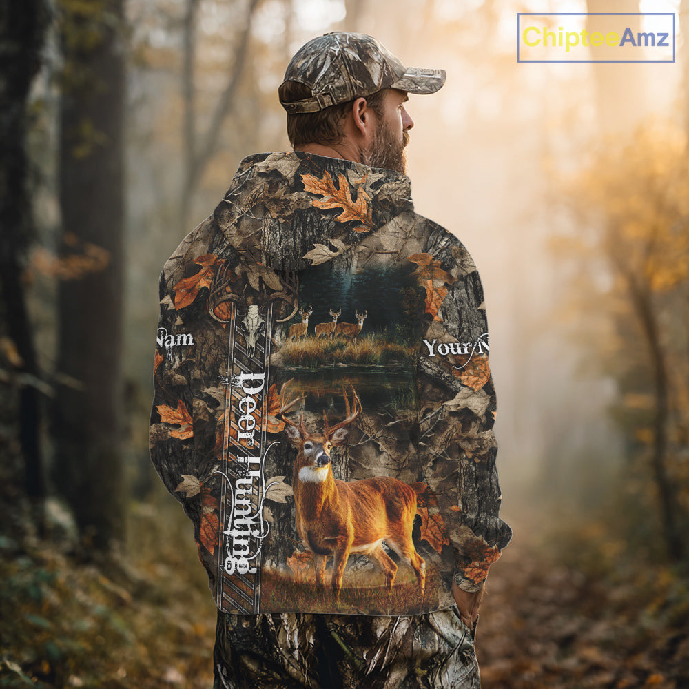 Whitetail Deer Hunting Custom Name Camo Shirt, Hunting Hoodie Camouflage Deer Shirts NBT333