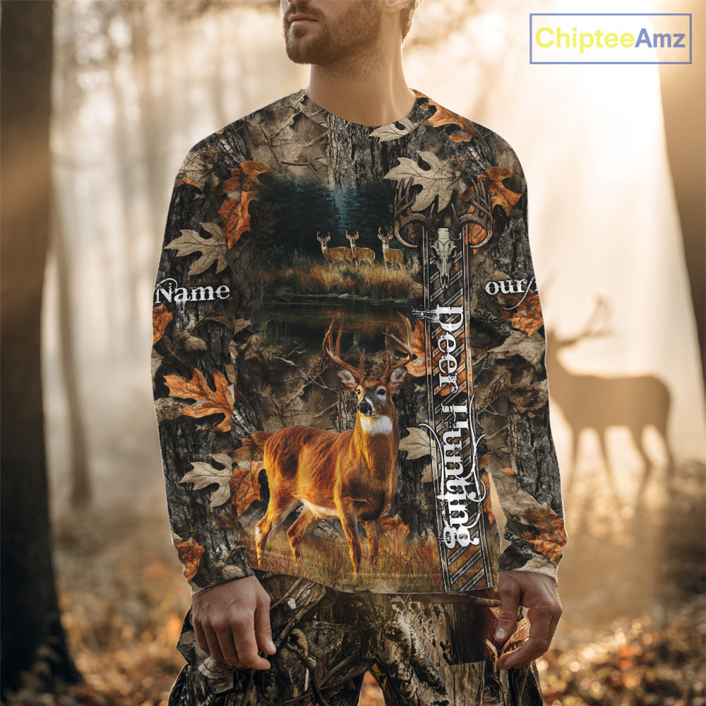 Whitetail Deer Hunting Custom Name Camo Shirt, Hunting Hoodie Camouflage Deer Shirts NBT333