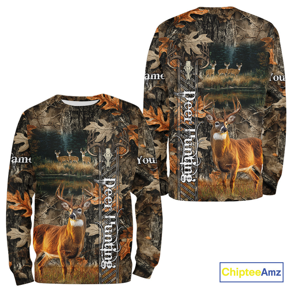 Whitetail Deer Hunting Custom Name Camo Shirt, Hunting Hoodie Camouflage Deer Shirts NBT333