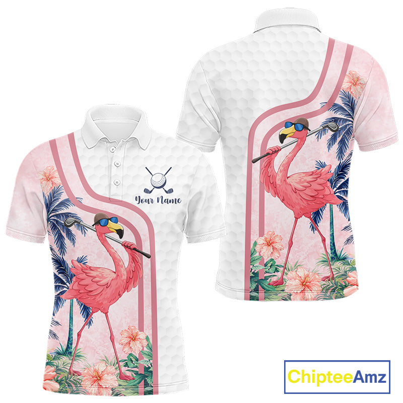 Funny Mens Golf Polo Shirt Custom Pink And White Tropical Flamingo Patter,White Golf Shirt NBT479