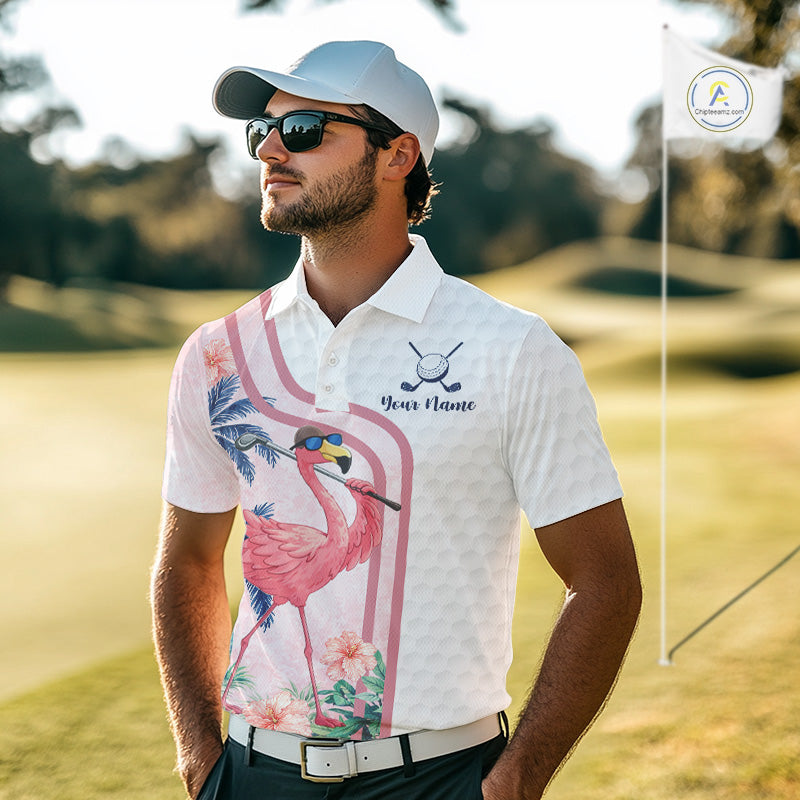 Funny Mens Golf Polo Shirt Custom Pink And White Tropical Flamingo Patter,White Golf Shirt NBT479