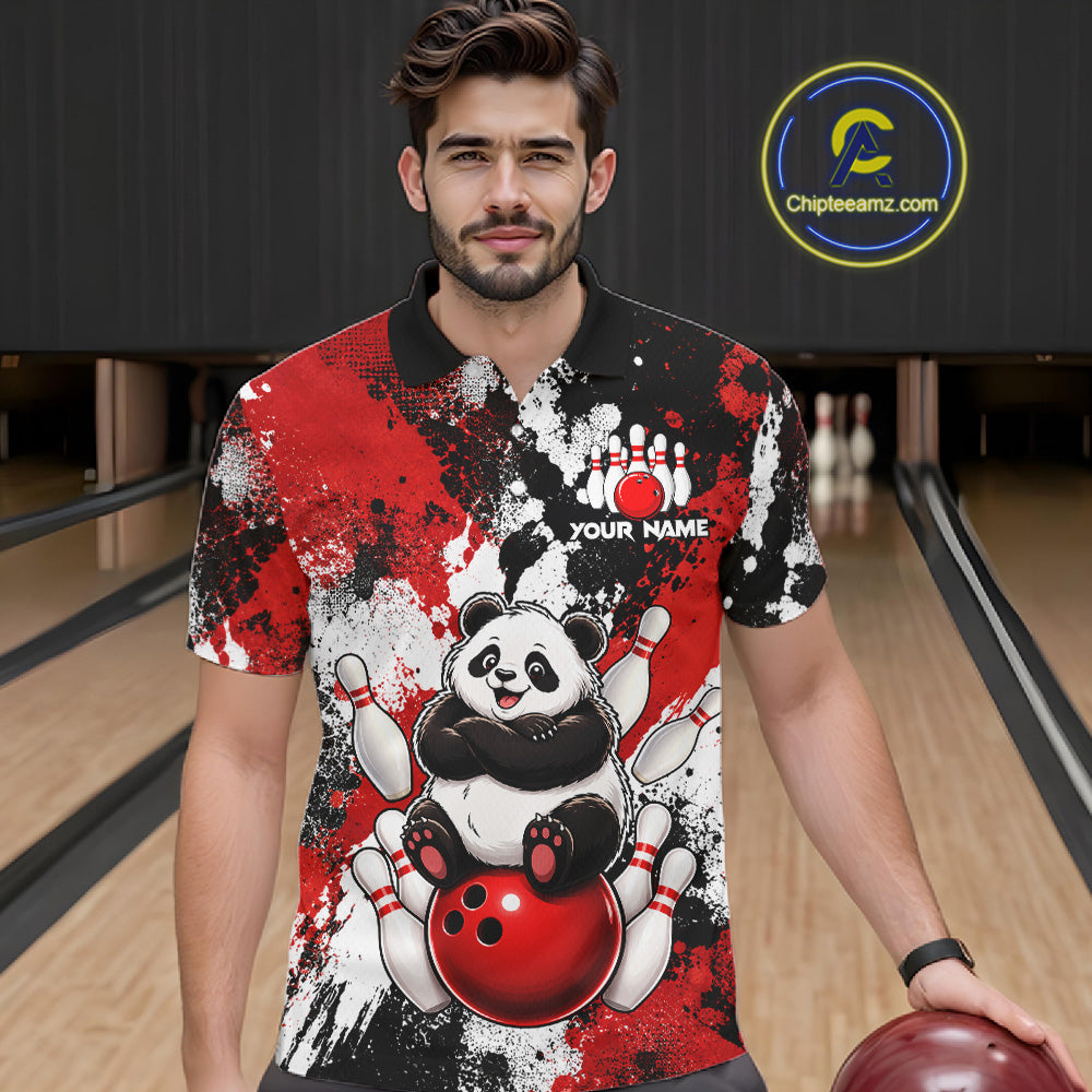 Bowler wearing funny black and red panda bowling polo shirt on the lanes with personalized name on the chest