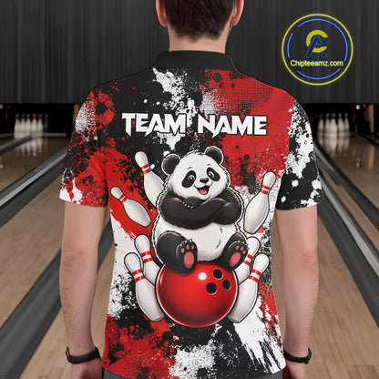 Bowler wearing funny black and red panda bowling polo shirt on the lanes with personalized name on the back