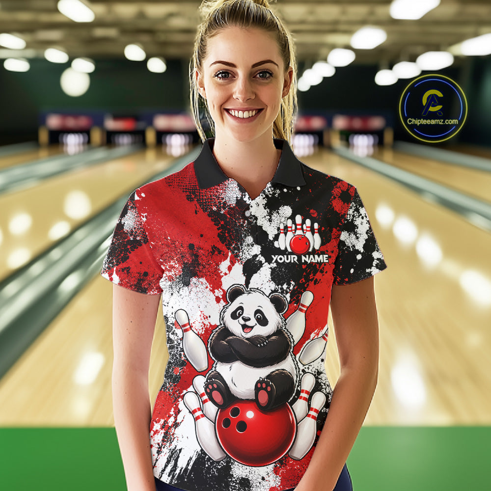 Funny Black And Red Panda Bowling Polo & Quarter Zip For Women, Custom Bowling Team Shirt Bowling Jersey NBT913