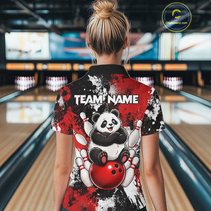 Funny Black And Red Panda Bowling Polo & Quarter Zip For Women, Custom Bowling Team Shirt Bowling Jersey NBT913