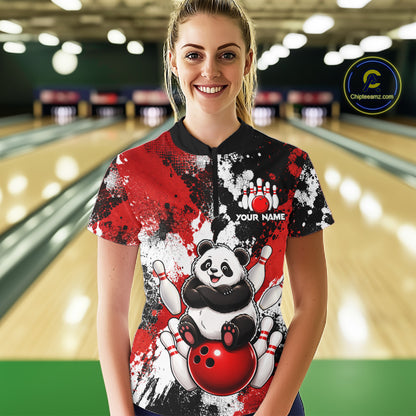 Funny Black And Red Panda Bowling Polo & Quarter Zip For Women, Custom Bowling Team Shirt Bowling Jersey NBT913