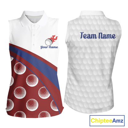 front view of funny golf balls pattern womens sleeveless red golf polo shirt for ladies