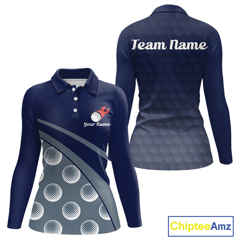 front view of funny golf balls pattern long sleeve womens blue golf polo shirt for ladies