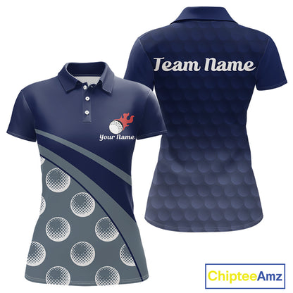 back view of custom name womens golf polo shirt funny blue golf balls golf apparel