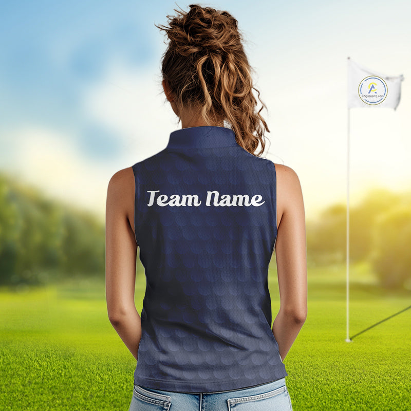woman in funny golf balls womens blue sleeveless golf polo shirt with team name 