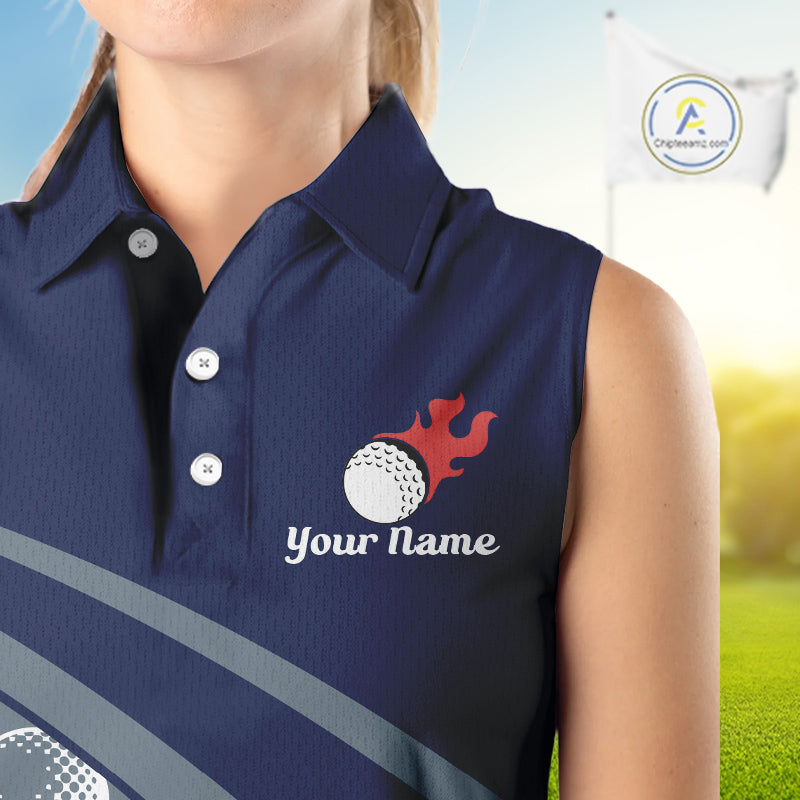 close up funny golf balls pattern on womens sleeveless blue golf polo shirt for ladies