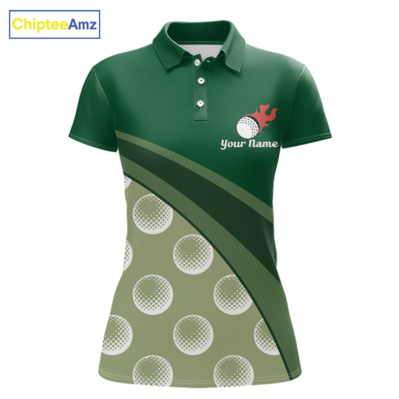 front view of funny golf balls pattern womens green golf polo shirt for ladies